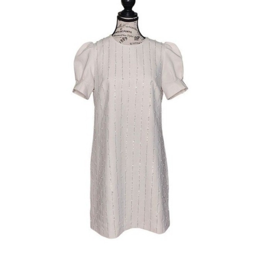 MITIDAMENG Women's Ivory Embellished Shift Dress Rhinestone Size L Short‎ Sleeve